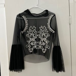 Lace & Beads Black White Mesh‎ Tulle Flare Sleeve Top Design Statement Stunning
